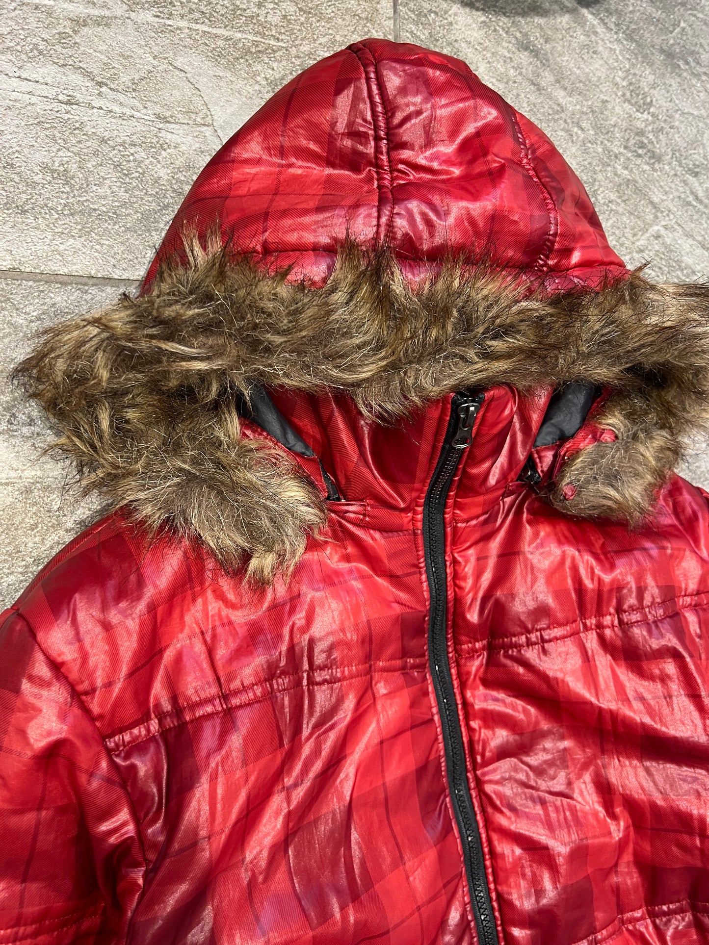 000’s Time Step Plaid/Check Fur Puffer