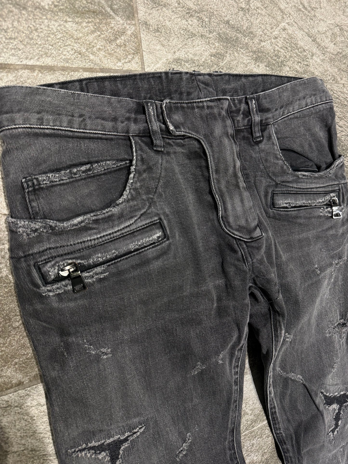 Balmain SS2017 Distressed Zip Jeans (33”)