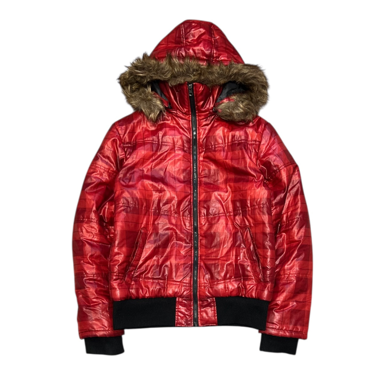 000’s Time Step Plaid/Check Fur Puffer