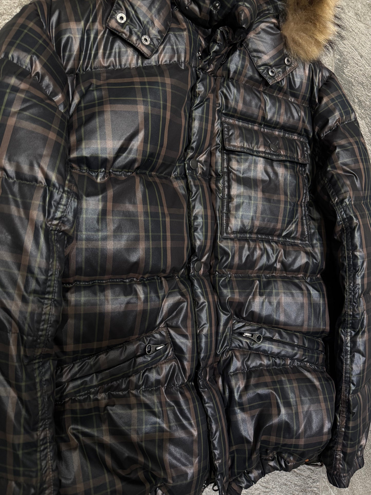 000’s Lucky Fur Hood Plaid Puffer (L)