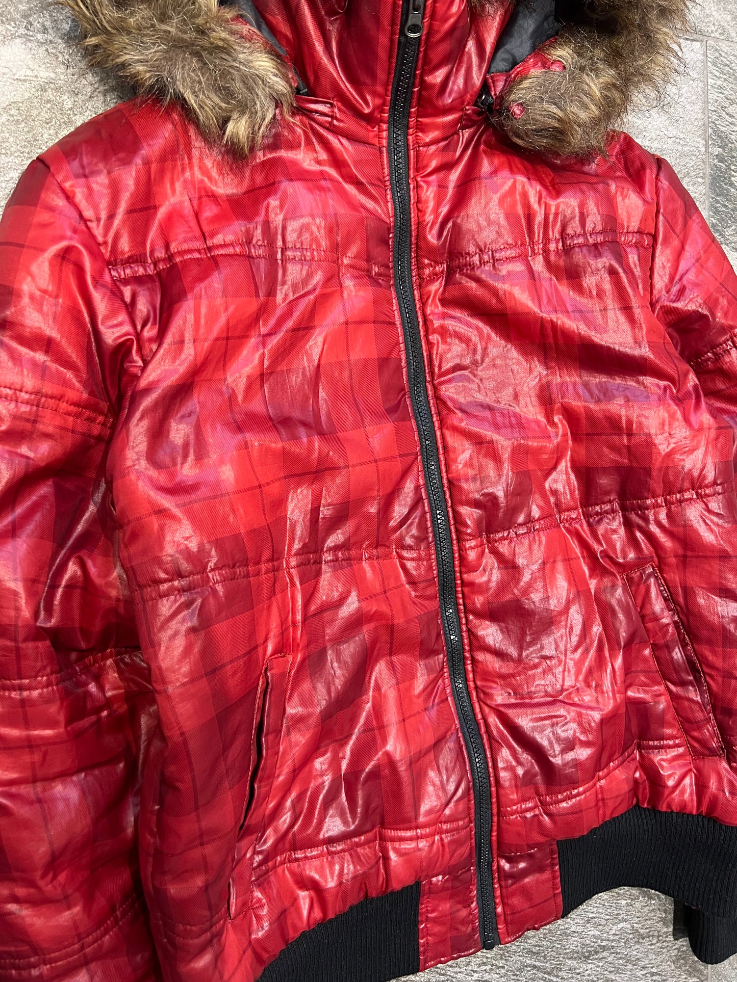 000’s Time Step Plaid/Check Fur Puffer