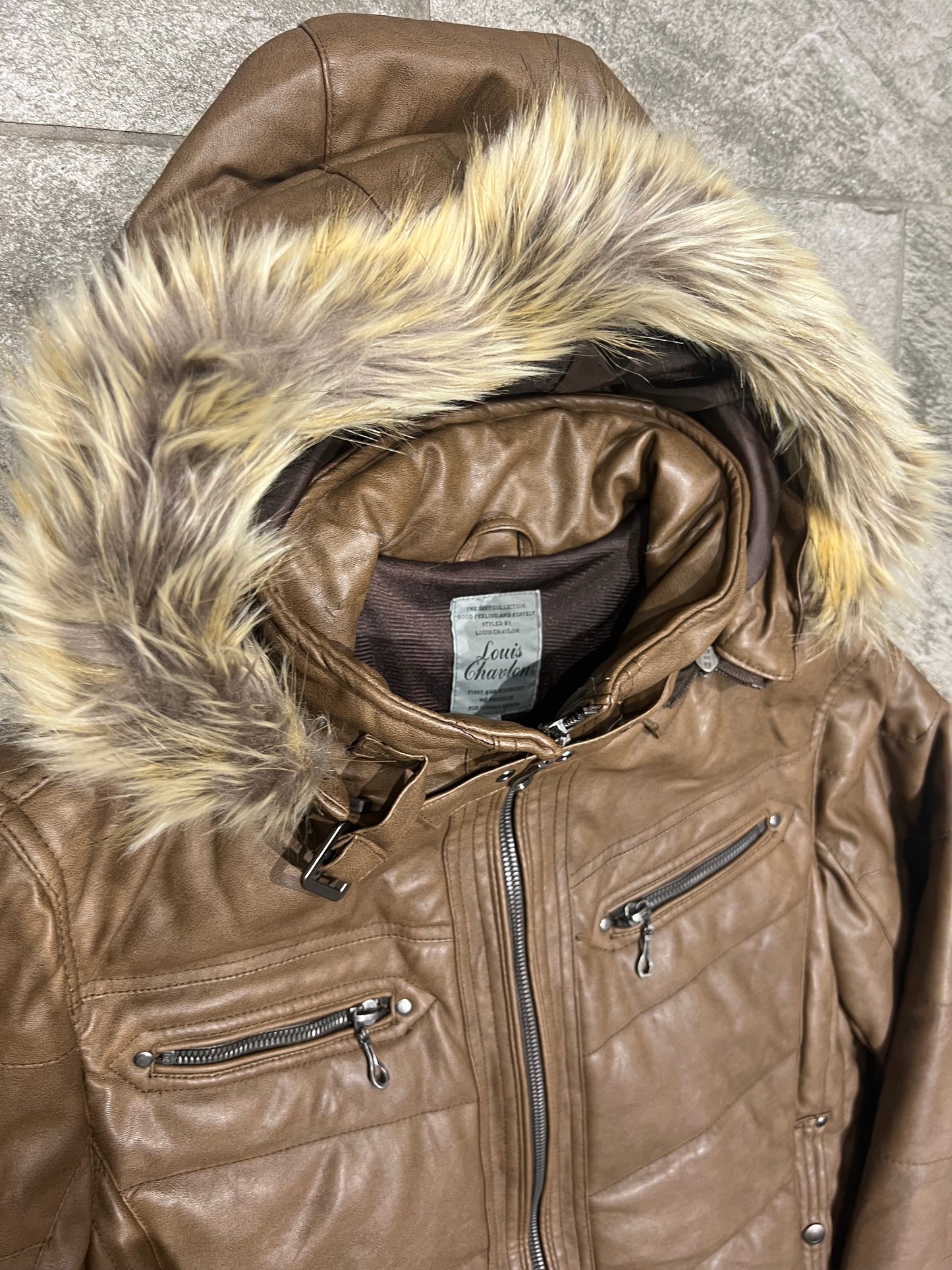 000’s Louis Charlon Leather Fur Hood Puffer (L)